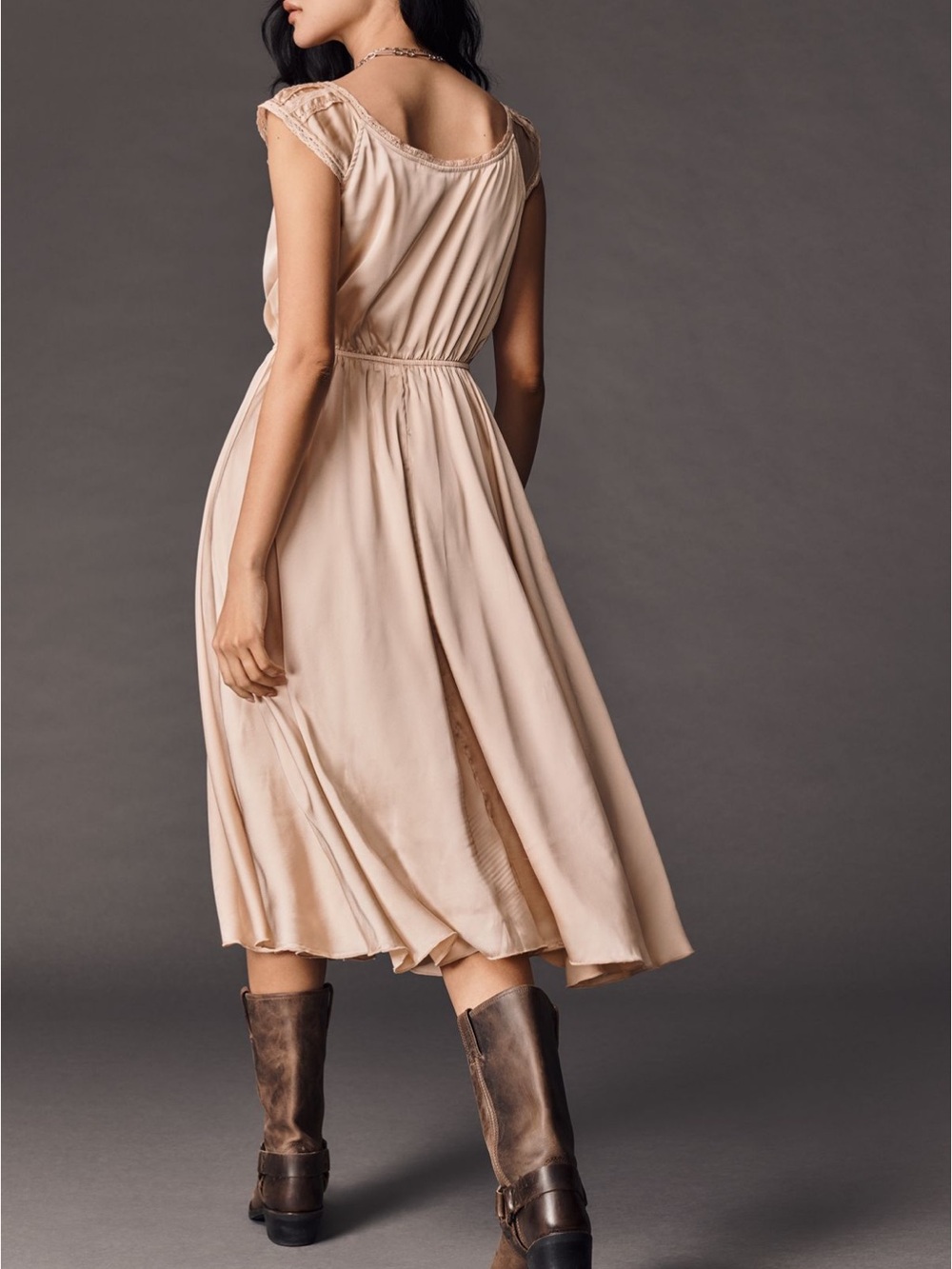 NWT Anthropologie Soft Neutral Pink Button-Front Midi Dress Lace Detail - M - Picture 2 of 8
